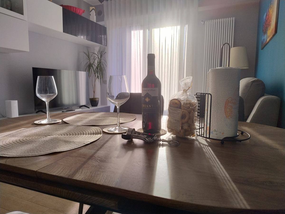 Dining table set for dinner